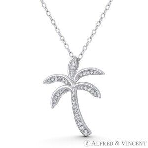 Tropical Coconut Palm Tree CZ Crystal Pave Pendant in .925 Sterling Silver